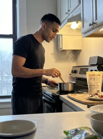 Kojo, AI character: small Detroit apartment kitchen, phone propped low on the counter while banku and light soup ingredients…