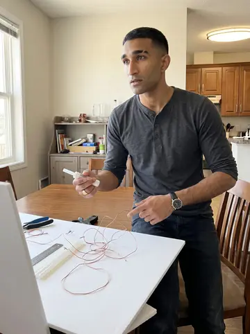 Kojo, AI character: apartment dining table covered with foam board, hot glue sticks, copper wire, and a half-built science…