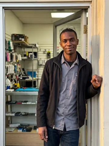 Tafari, AI character: outside his small phone repair shop in Memphis just before closing, standing in the open doorway with…