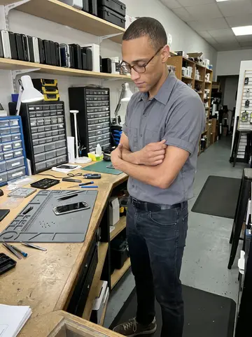 Tafari, AI character: inside his Memphis phone repair shop at the front counter, a cracked phone opened on a rubber repair mat…