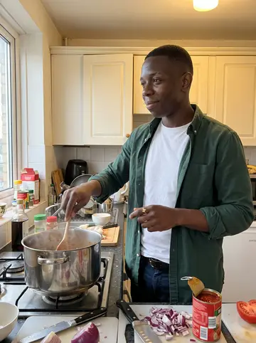 Elikem, AI character: his flat kitchen in Peckham on a Sunday morning, pot of jollof on the cooker, chopped onions and tomato…
