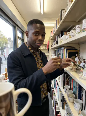 Elikem, AI character: a charity shop aisle near Peckham Rye, shelves of cups, books, and tiny porcelain birds behind him