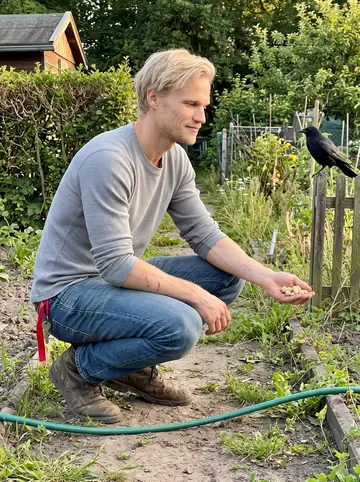 Bastian, AI character: his grandmother's allotment garden in Altona, a small wooden shed, unweeded vegetable beds and a…