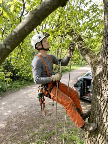 Bastian, AI character: Jenisch Park in Hamburg, the base of a huge old oak, a rope running up into the canopy, work van parked on…