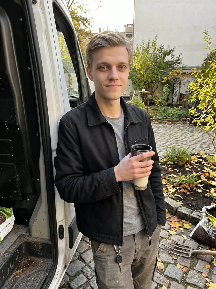 Stefan, AI character: a quiet cobbled Berlin courtyard in Prenzlauer Berg, leaning on the open side door of his white work van,…