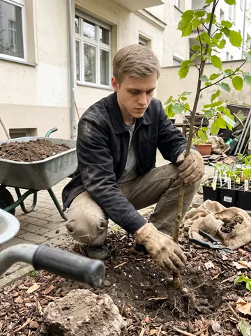 Stefan, AI character: a private courtyard garden in Charlottenburg with a young linden sapling and a wheelbarrow of soil