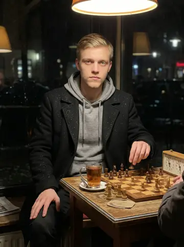Stefan, AI character: a small teahouse on Turmstraße in Moabit, a chessboard and chess clock on a worn wooden table, a glass of…