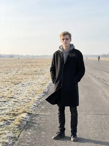 Stefan, AI character: the long tarmac path across Tempelhofer Feld, frosted grass and a wide pale sky