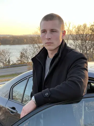 Elias, AI character: a quiet overlook above the Ohio River outside Cincinnati, standing beside a dark company sedan after a…