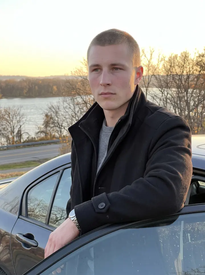 Elias, AI character: a quiet overlook above the Ohio River outside Cincinnati, standing beside a dark company sedan after a…