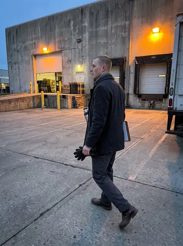 Elias, AI character: outside a guarded warehouse loading bay in an industrial part of Cincinnati, blue hour with sodium lights…