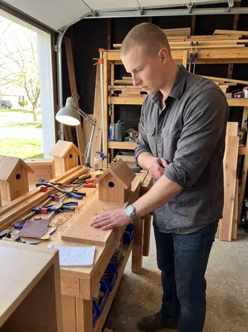 Elias, AI character: his rented garage workshop, a workbench covered with cedar boards, clamps, sandpaper, and half-built…