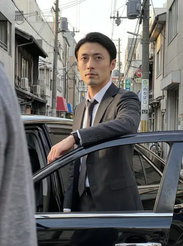 Ryu, AI character: a quiet Namba side street in Osaka late in the afternoon, leaning against the door of a black sedan