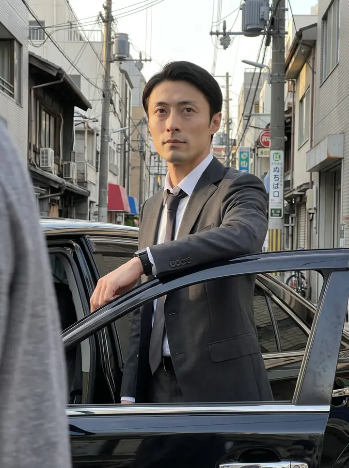 Ryu, AI character: a quiet Namba side street in Osaka late in the afternoon, leaning against the door of a black sedan