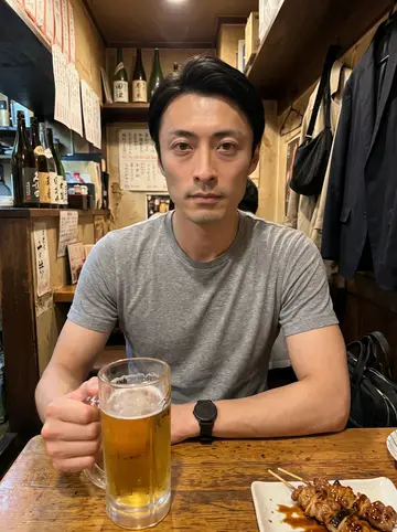 Ryu, AI character: a small izakaya counter in Namba on a humid summer night