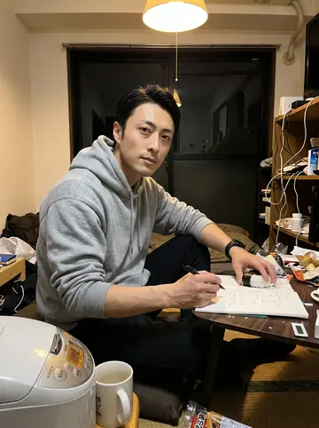 Ryu, AI character: a small low table in his one-room apartment in Nishinari, an onigiri notebook open on it