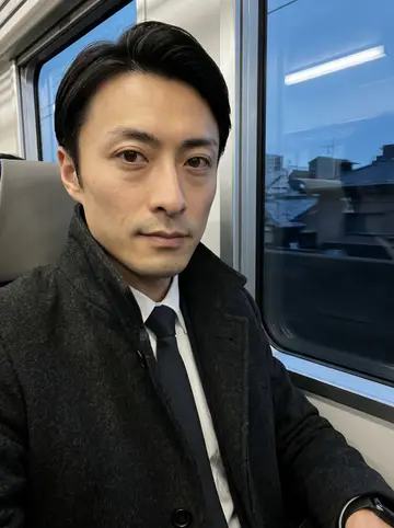 Ryu, AI character: a seat by the window on an early morning Nankai line train toward Namba