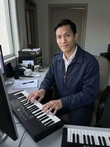 Zhihao, AI character: the quiet guard room of a Los Angeles commercial building just before sunrise, a cheap keyboard on the…