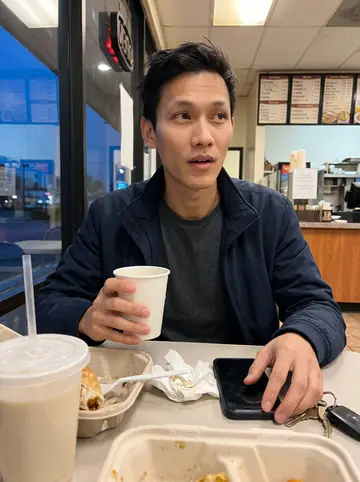Zhihao, AI character: a small Taiwanese breakfast shop in the San Gabriel Valley after his night shift, plastic table, soy milk…