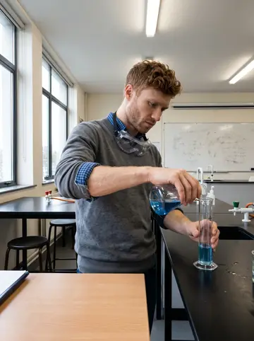 Cormac, AI character: his secondary school chemistry lab in Galway, black lab benches and a whiteboard of formulas behind him