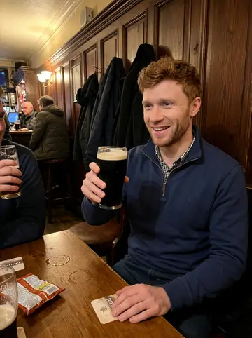 Cormac, AI character: a busy traditional pub in Galway city after a team night out, wooden panelling and warm wall lamps behind him