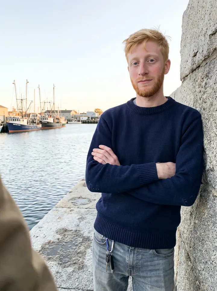 Donal, AI character: the stone hurricane barrier in New Bedford in late afternoon, leaning on the rough granite wall with the…