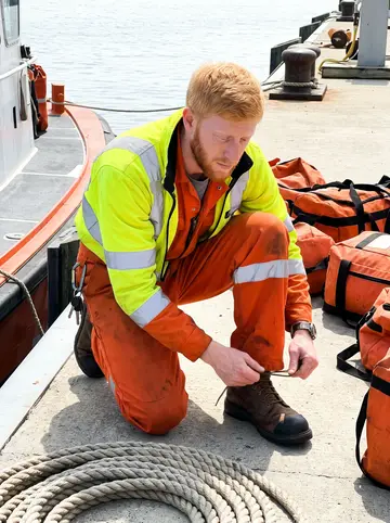 Donal, AI character: the State Pier dock in New Bedford beside a crew boat, rope coils and a stack of orange gear bags nearby