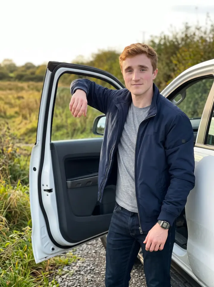 Fergal, AI character: a gravel lay-by on a back road outside Blarney, leaning on the open door of his white Hilux pickup,…