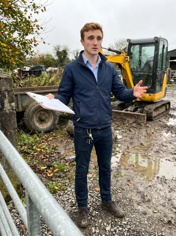 Fergal, AI character: the gate of a muddy farmyard near Macroom, a yellow mini excavator parked on a trailer behind him
