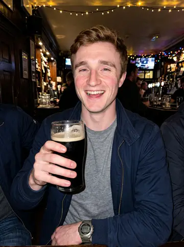 Fergal, AI character: a busy pub in Cork city centre in December, fairy lights strung along the bar, friends' shoulders at the edges