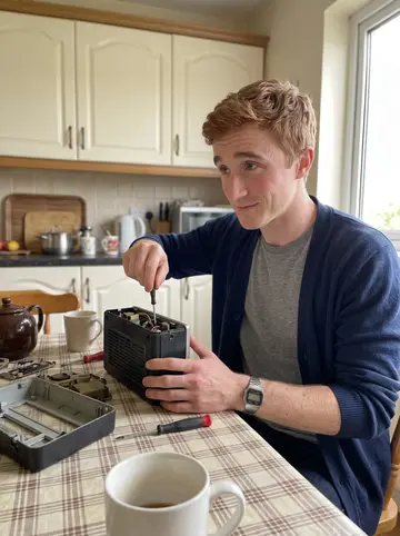 Fergal, AI character: his Nan's small kitchen in Blackpool, Cork, an old radio opened up on a checked oilcloth with a…