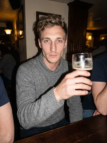 Brendan, AI character: a snug old pub in Westport, dark wood bar, a pint of stout in front of him, friends partly out of frame