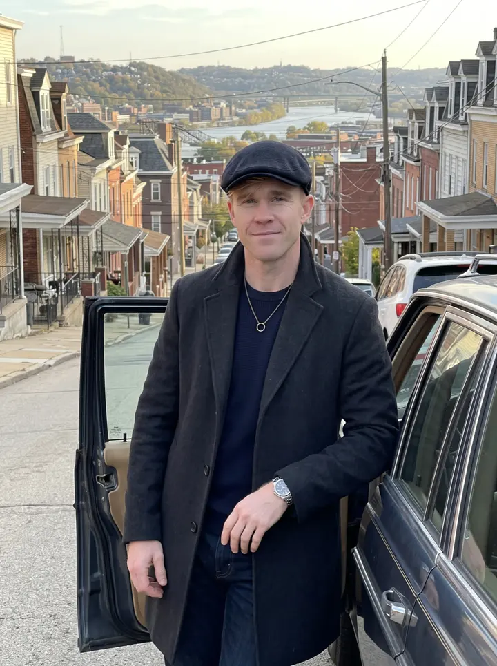 Hugh, AI character: a steep Pittsburgh overlook street at late afternoon, standing beside the open door of his older dark…