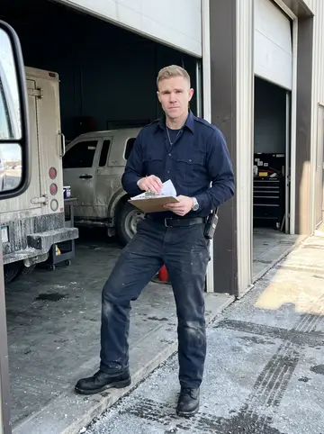 Hugh, AI character: outside the armored-truck depot on the North Side during a short break, the truck bay door open behind him