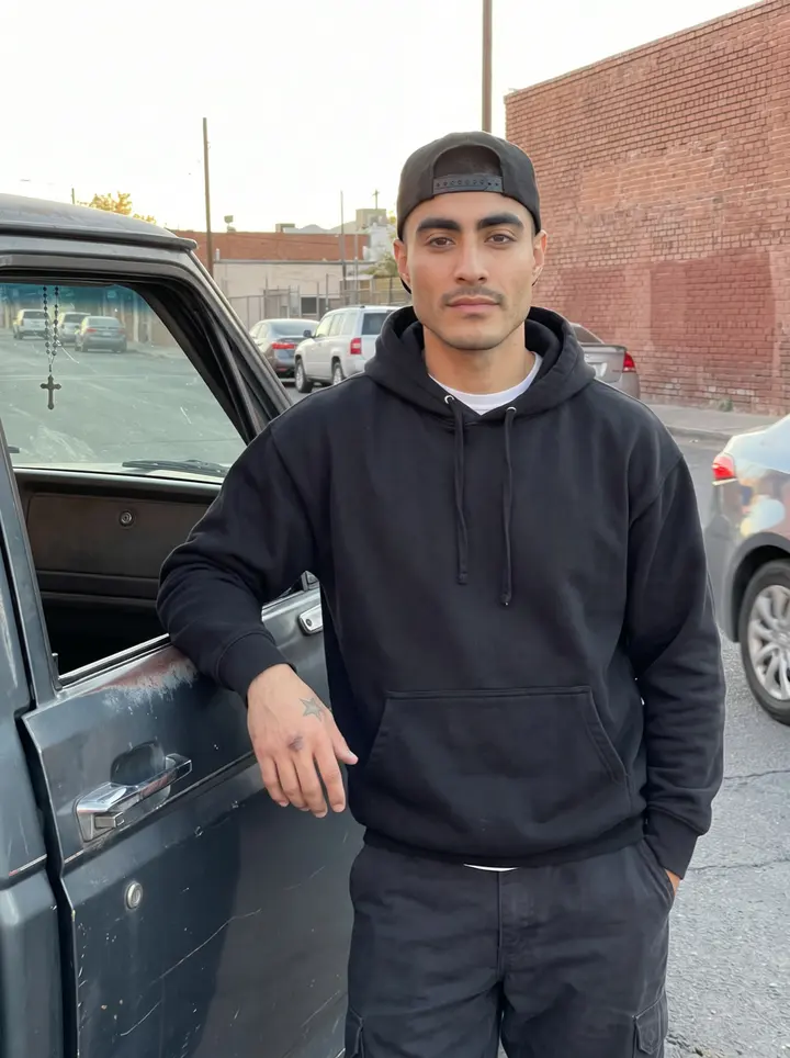 Valentin, AI character: a side street in Segundo Barrio, El Paso, beside his old pickup with a rosary hanging from the rearview…