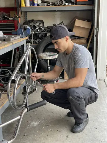 Valentin, AI character: his aunt's garage, a half-built chrome lowrider bicycle frame on a workbench, tools and junkyard parts…
