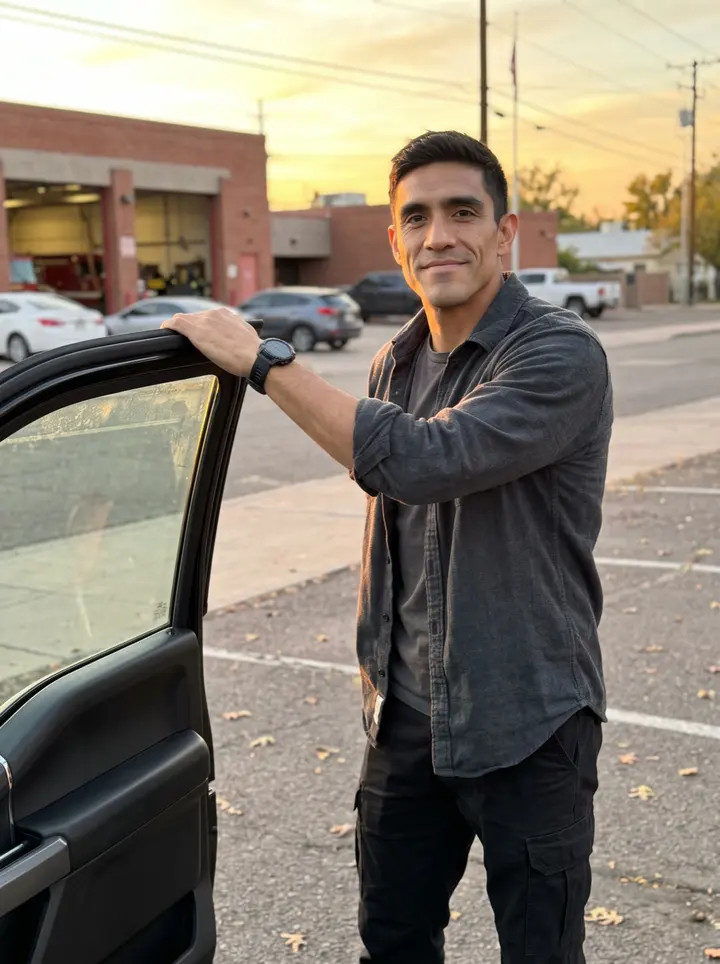 Hector, AI character: the parking lot beside the fire station at dusk, leaning on the open door of his black pickup truck