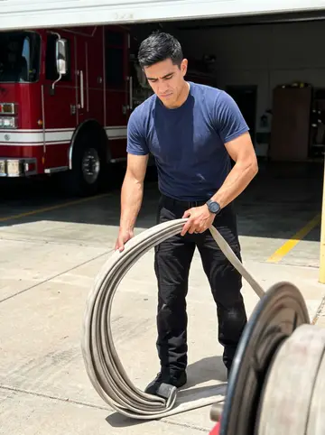 Hector, AI character: the open apparatus bay of an Arizona fire station, red engine behind him, concrete floor