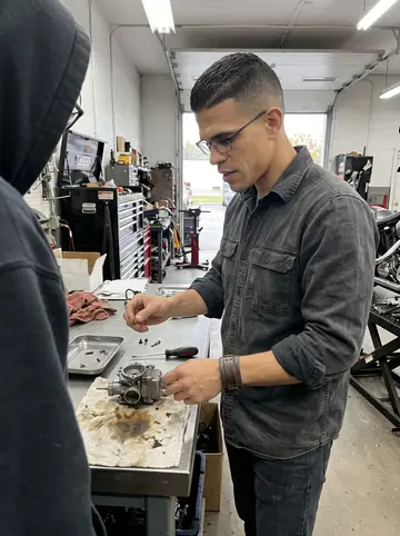 Jesús, AI character: after hours at the motorcycle shop workbench, teaching a nineteen-year-old apprentice how to rebuild a…