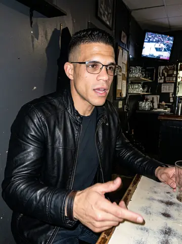 Jesús, AI character: inside the riding club's back room during a Spurs game on a small TV above the bar