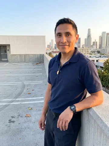 Salvador, AI character: top level of the Alvarado parking structure just after his shift, concrete railings and downtown Los…