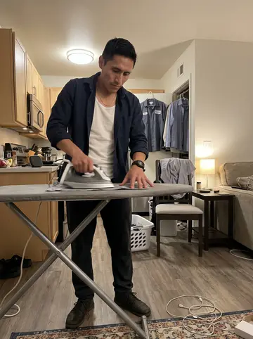 Salvador, AI character: his small Los Angeles apartment on Sunday night, ironing board set up near the kitchen while his mother…