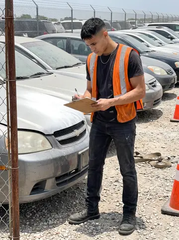 Alfredo, AI character: the impound yard in San Antonio, rows of dusty cars and a chain-link fence behind him