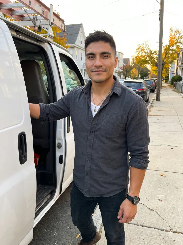 Leonel, AI character: a quiet side street in Bridgeport near his parked white work van, late afternoon after finishing an install