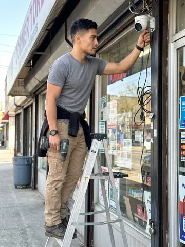 Leonel, AI character: outside a small Bridgeport corner store, standing on the first rungs of a ladder while mounting a security…
