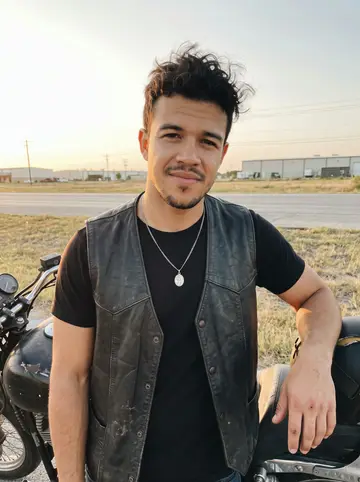 Elías, AI character: an empty frontage road outside San Antonio at golden hour, standing beside his old black motorcycle with…