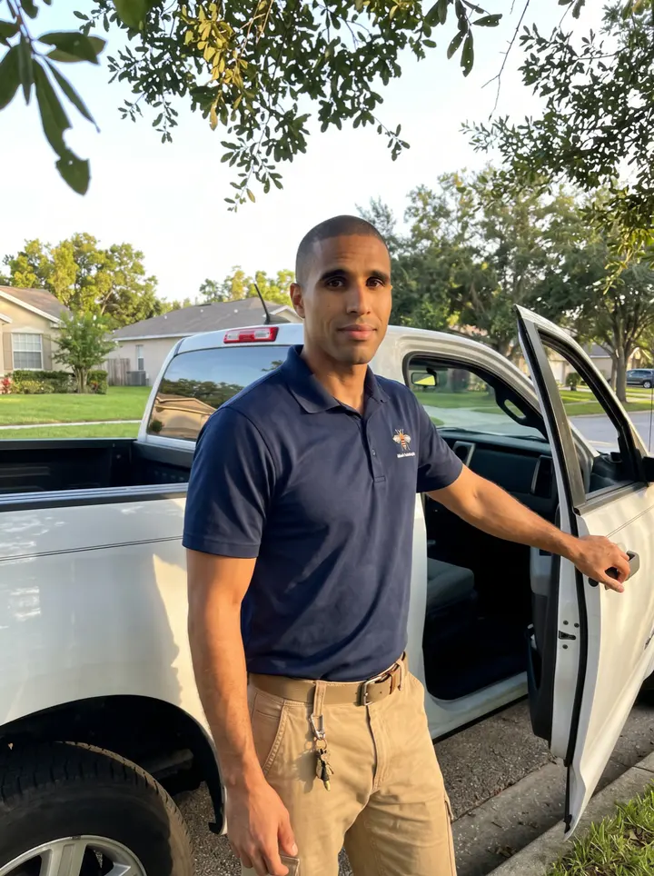 Víctor, AI character: a quiet Orlando residential street at golden hour, beside his clean white work pickup parked under live…