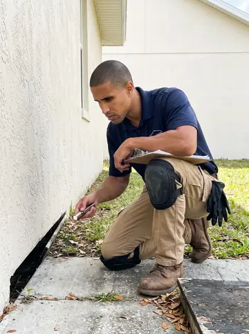 Víctor, AI character: the side yard of a stucco house in Orlando, kneeling by a crawlspace access panel with a flashlight and…