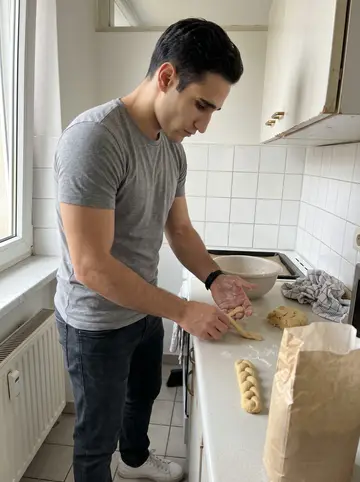 Nikolaos, AI character: his new fourth-floor apartment kitchen, narrow counter, mixing bowl, braided koulourakia dough, radiator…