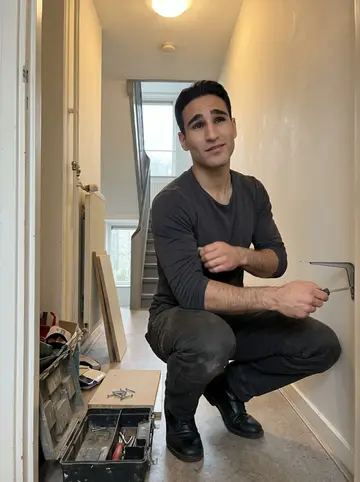 Nikolaos, AI character: the hallway outside his apartment, toolbox open on the floor beside a neighbor's loose shelf and a…